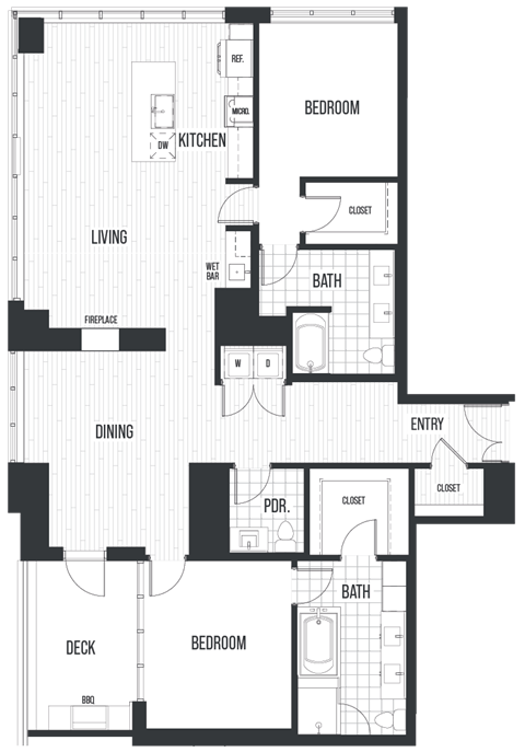 Floor plan for 2 beds, 2.5 baths, 1797 sqft